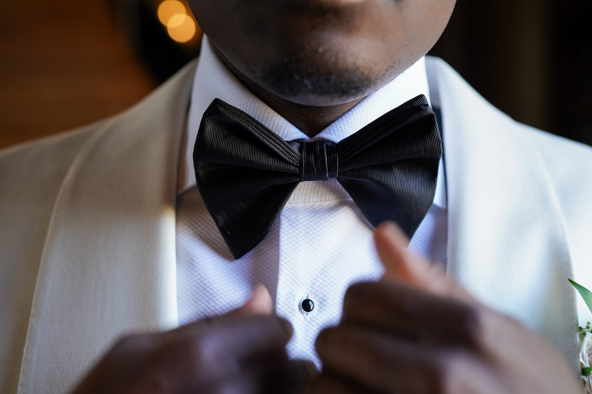 Groom's bow tie detail before the ceremony at The War Memorial