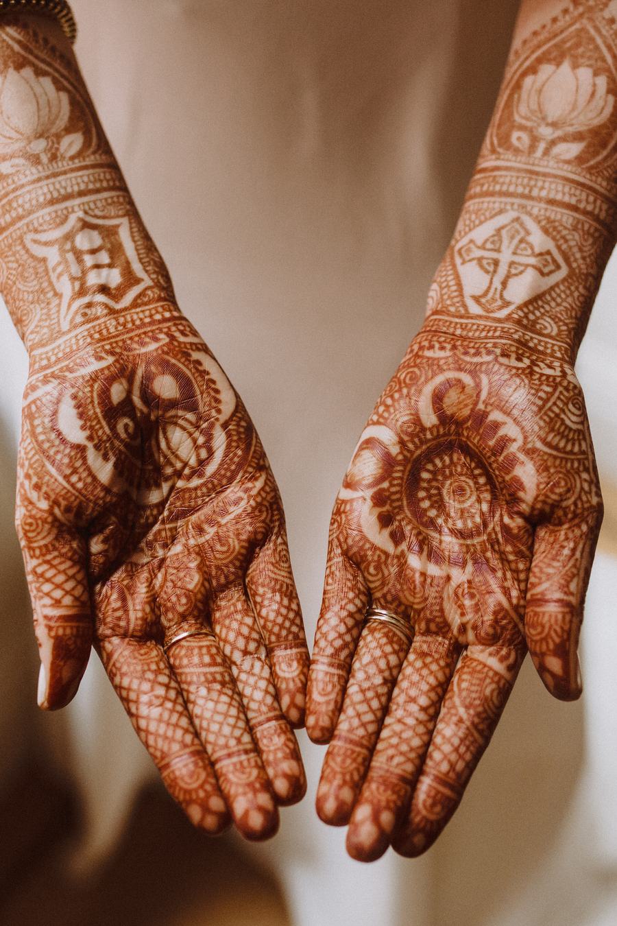 Bridal henna detail before a fusion Catholic and Hindu ceremony