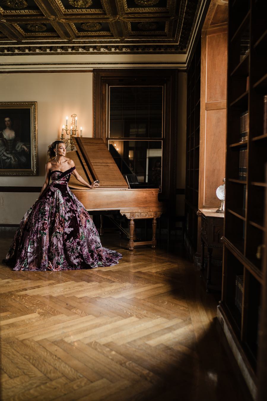 V in a floral velvet gown by Laury Bridal at The War Memorial