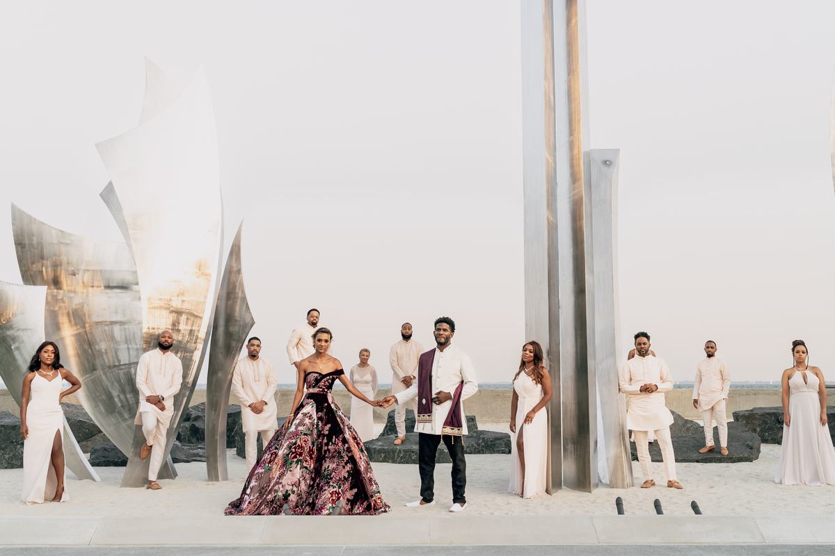 Wedding party portrait at The War Memorial sculpture garden